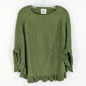 April Marin Poncho Sweater One Size Grassy Green Ruffle Trim Cotton Open Side